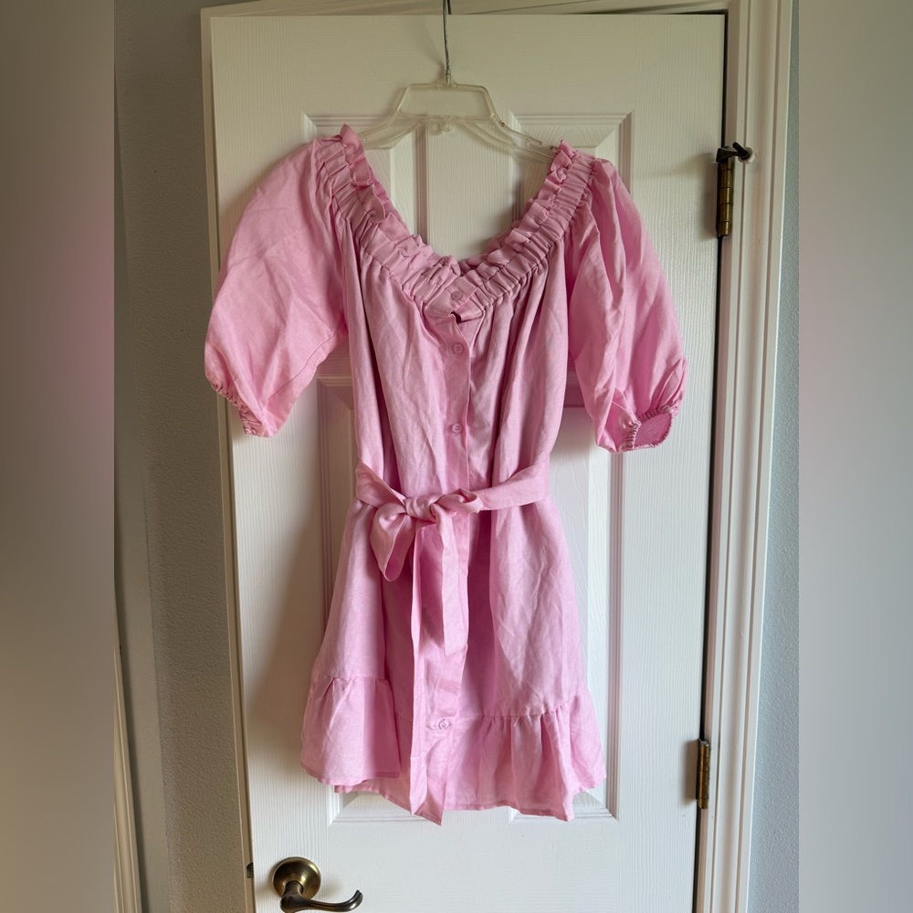 Pink Lily X Caitlin Covington Pink Off the Shoulder Button Front Mini Dress